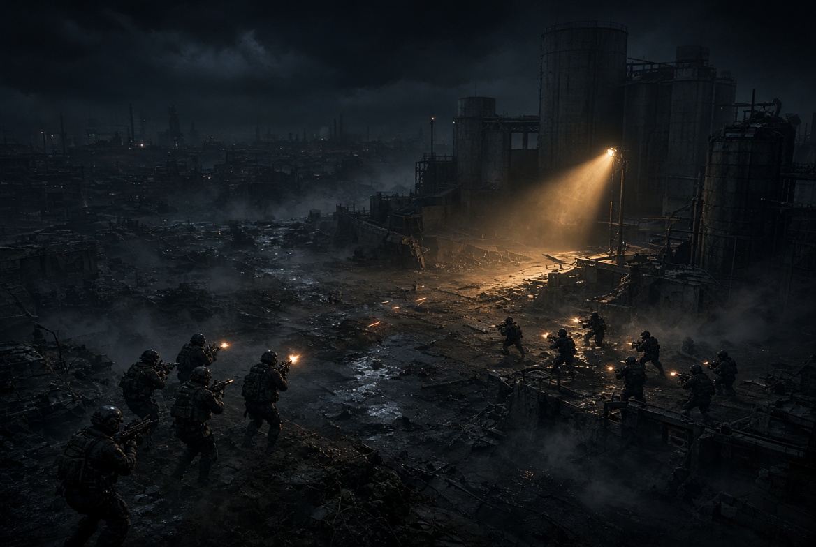 Two squads clash across a ruined industrial silo complex at night.