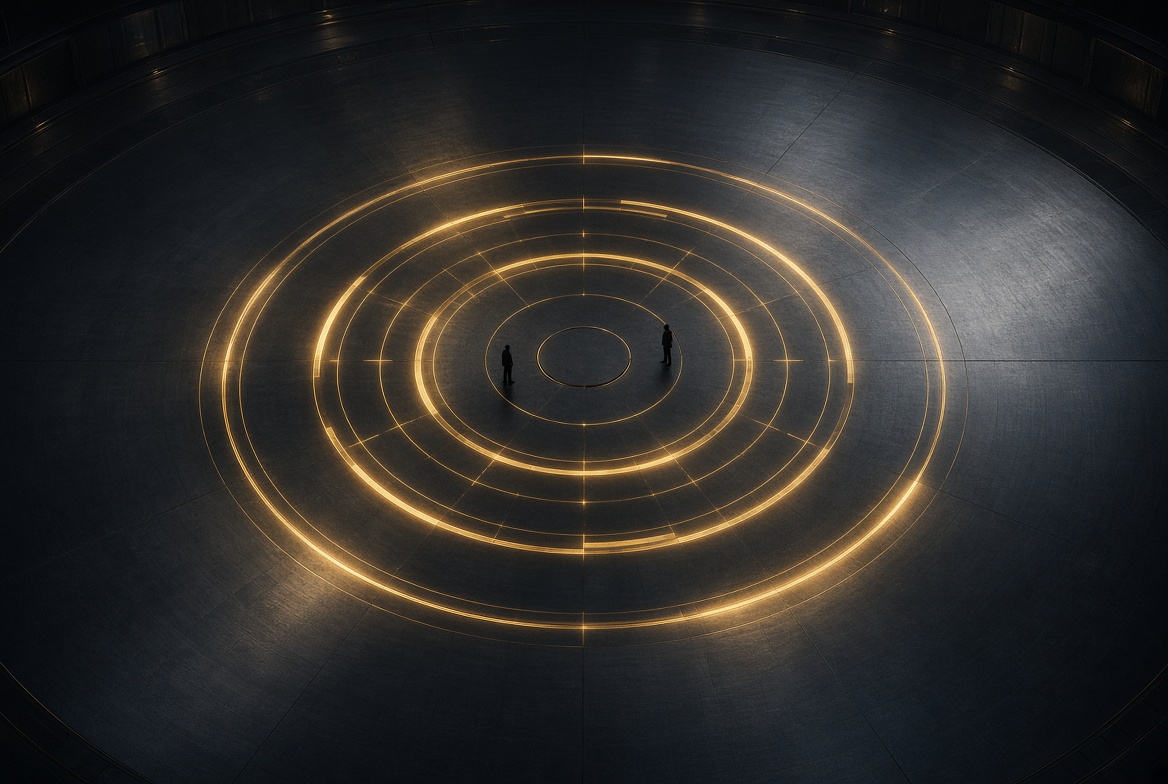 Two figures stand in a circular amber-lit arena.