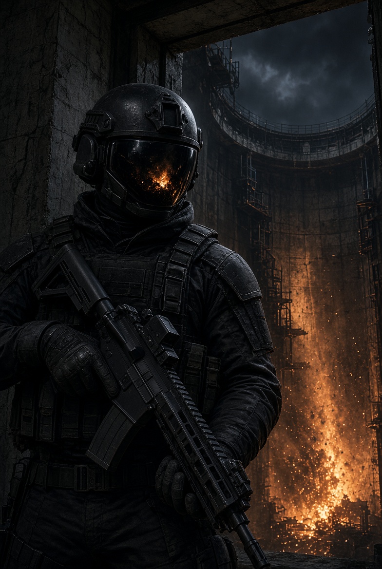 Strike Force operator standing in the mouth of a concrete silo.